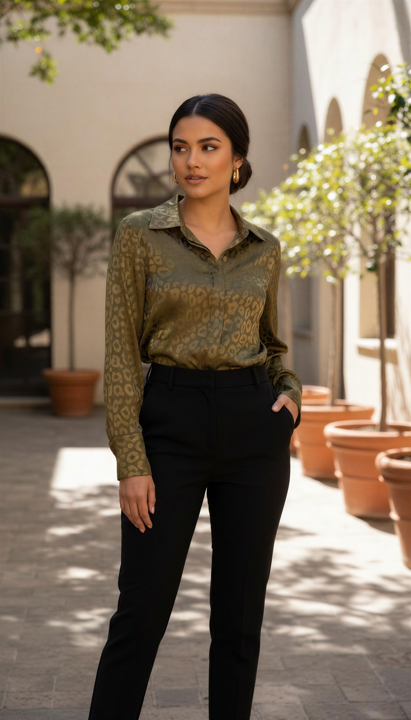 Green Leopard Print Blouse Satin Look - Small