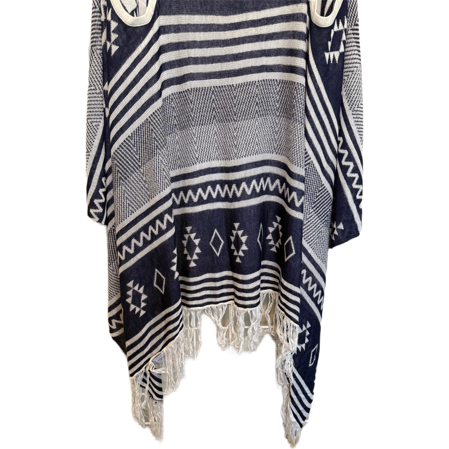 Boho Tribal Longline Fringe Vest | Blue & White Asymmetric Cardigan