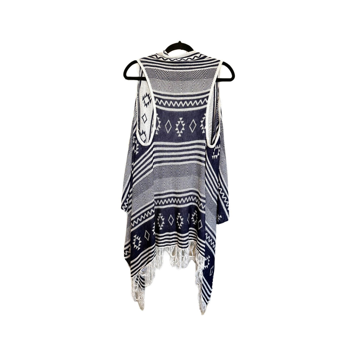 Boho Tribal Longline Fringe Vest | Blue & White Asymmetric Cardigan