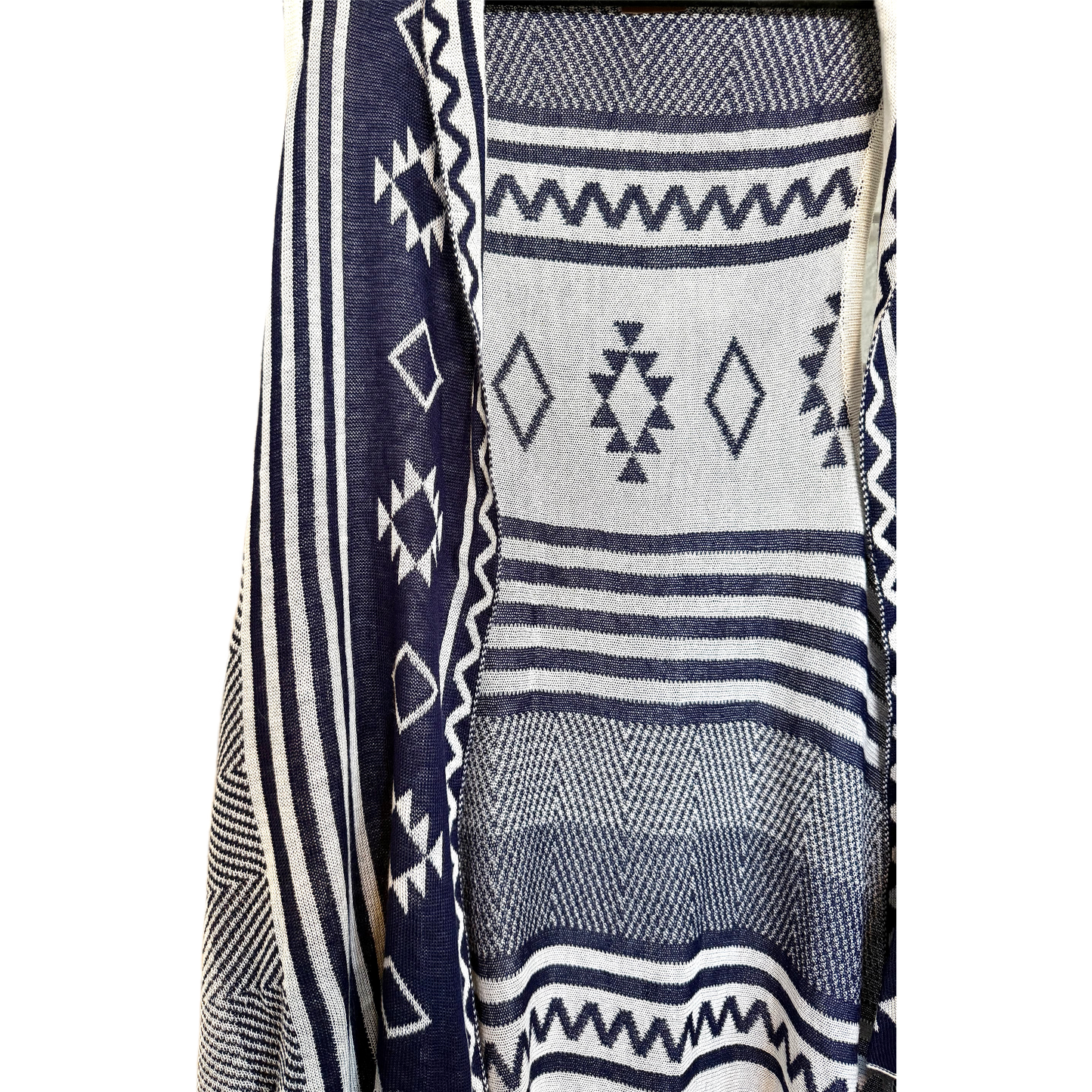Boho Tribal Longline Fringe Vest | Blue & White Asymmetric Cardigan