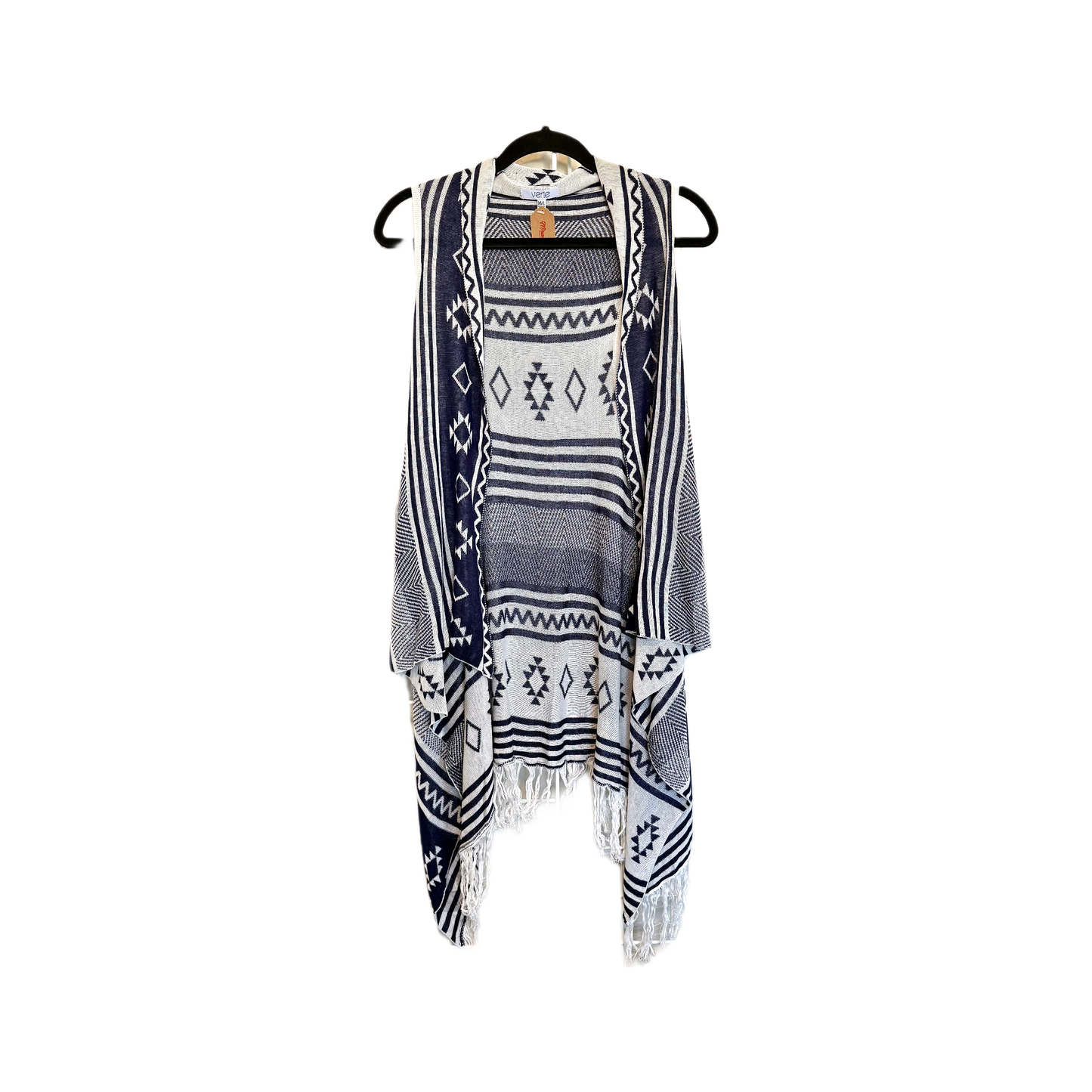 Boho Tribal Longline Fringe Vest | Blue & White Asymmetric Cardigan