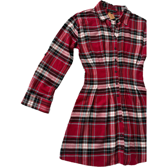 Classic Red Plaid Button-Up Dress | Cinched Waist A-Line Shirt Dress - Descendencia Latina