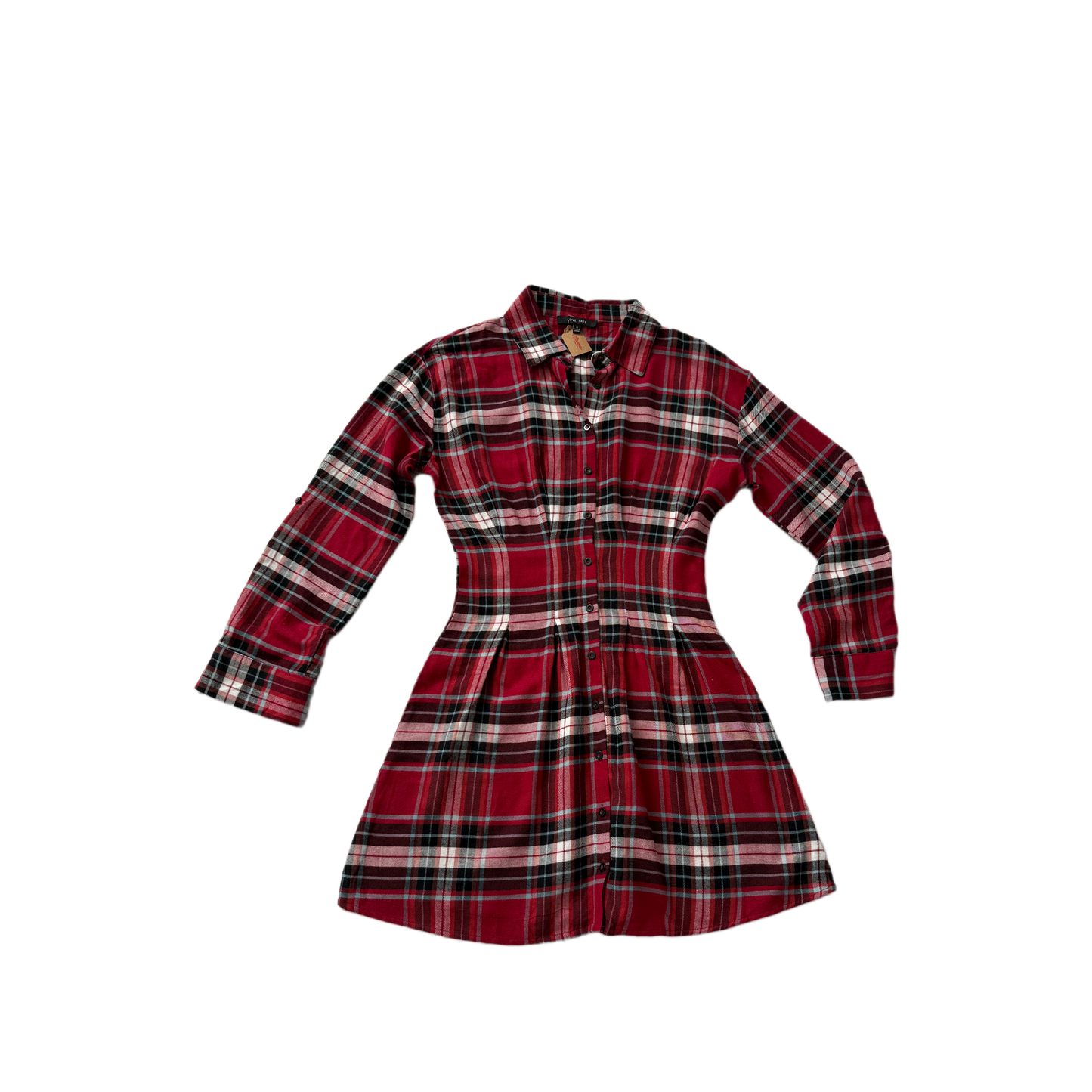Classic Red Plaid Button-Up Dress | Cinched Waist A-Line Shirt Dress