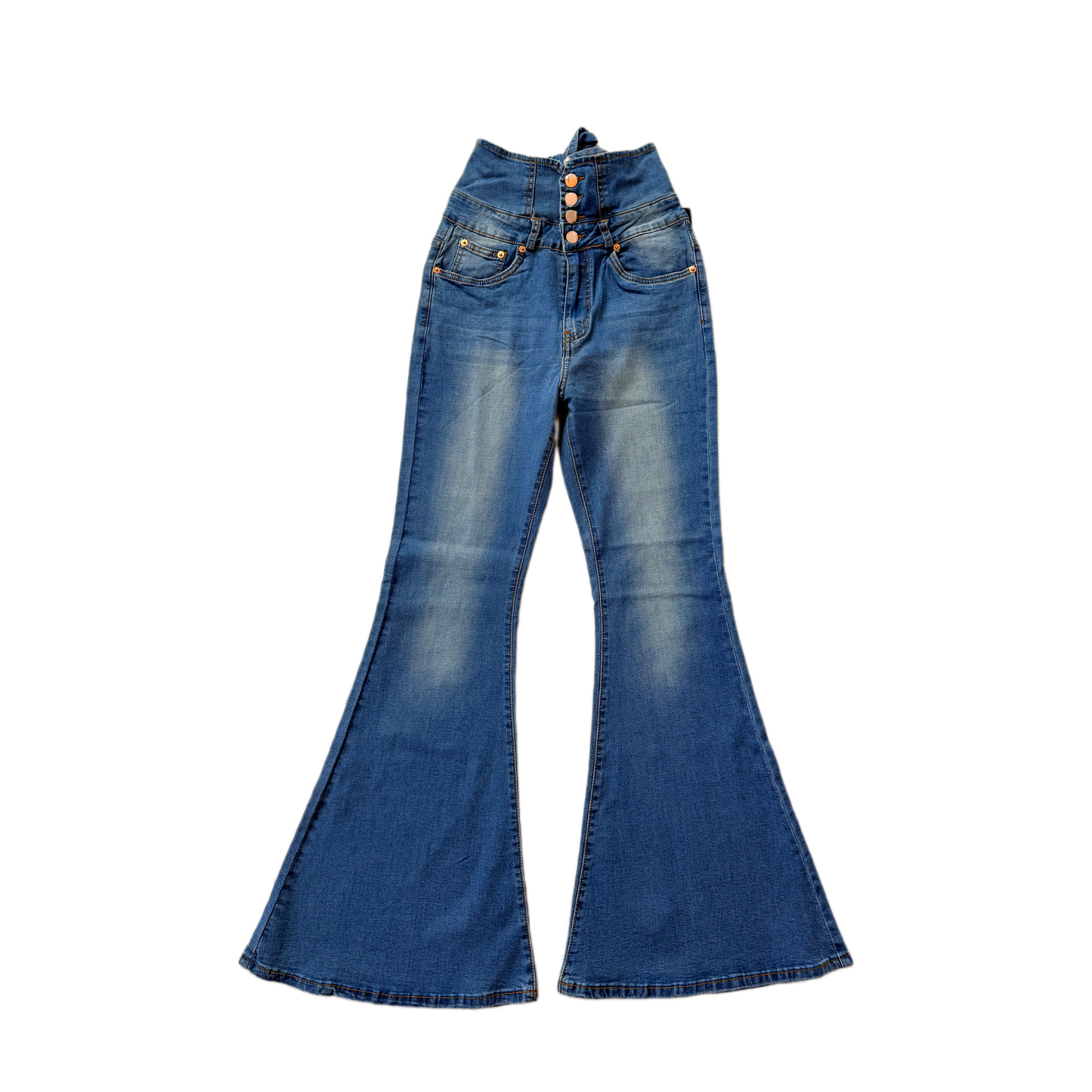 American Bazi Lupita High Rise Flare Jeans - Women's Denim with Unique Tied Back Detail & Button Front Closure (Style RJB-3422) Size Small