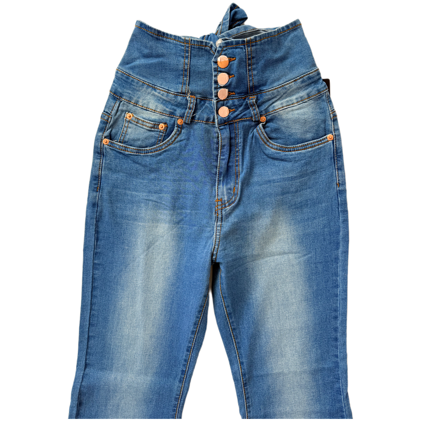 American Bazi Lupita High Rise Flare Jeans - Women's Denim with Unique Tied Back Detail & Button Front Closure (Style RJB-3422) Size Small