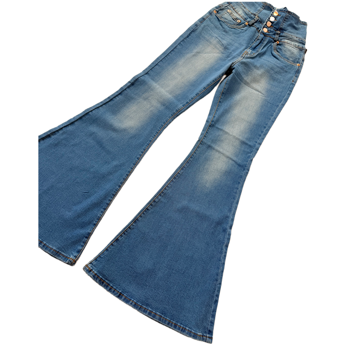 American Bazi Lupita High Rise Flare Jeans - Women's Denim with Unique Tied Back Detail & Button Front Closure (Style RJB-3422) Size Small
