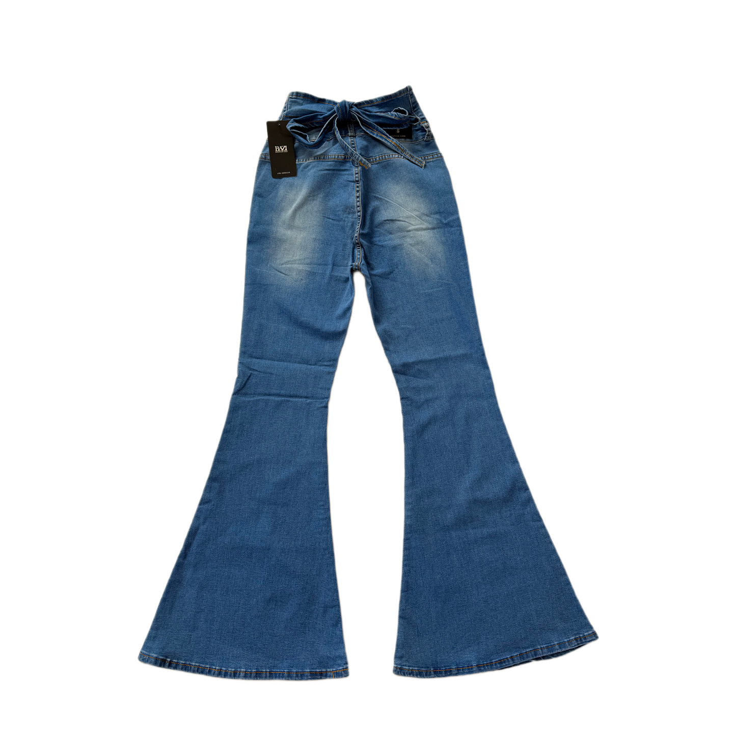 American Bazi Lupita High Rise Flare Jeans - Women's Denim with Unique Tied Back Detail & Button Front Closure (Style RJB-3422) Size Small
