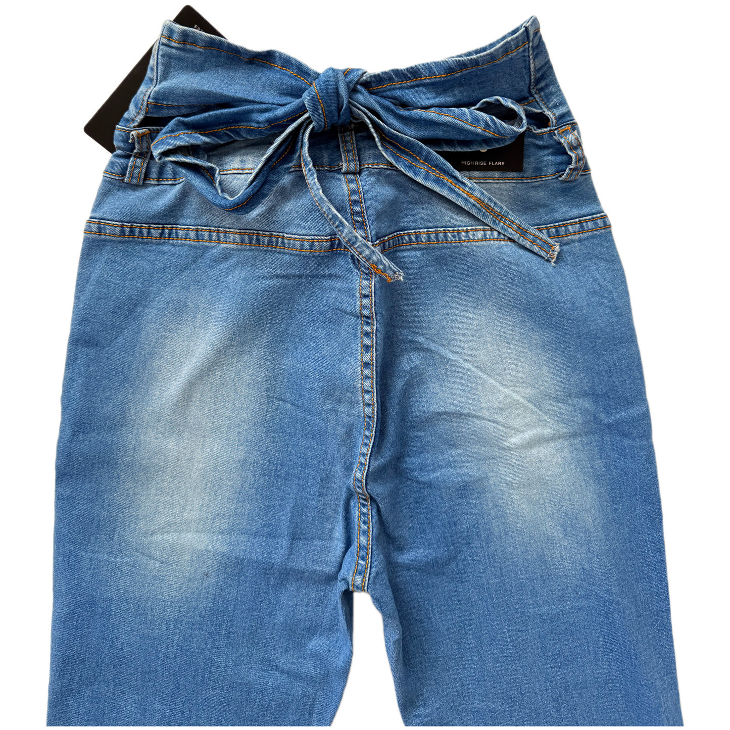 American Bazi Lupita High Rise Flare Jeans - Women's Denim with Unique Tied Back Detail & Button Front Closure (Style RJB-3422) Size Small