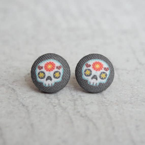 Sugar Skull Fabric Covered Button Earrings - Descendencia Latina