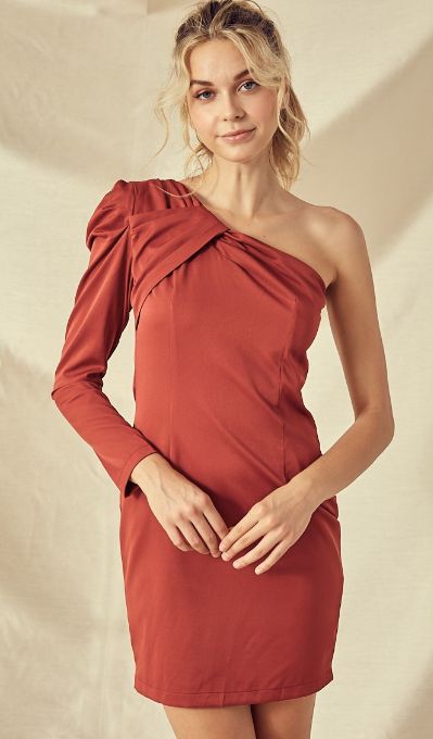 Rust One-Shoulder Satin Dress