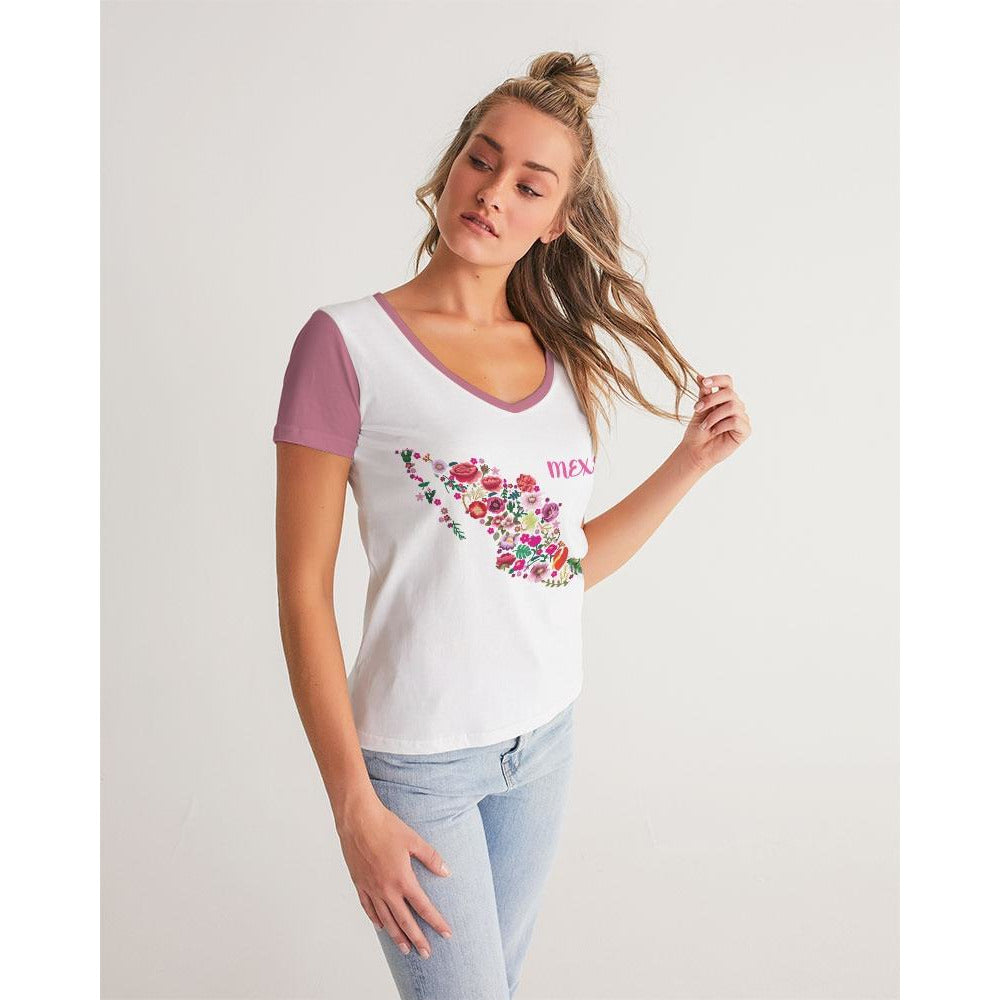 Embroidered "Mexico" Women's V-Neck Tee - Descendencia Latina