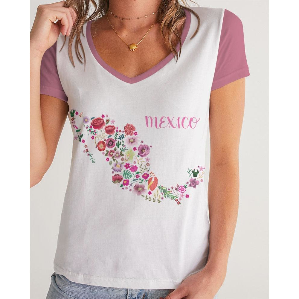 Embroidered "Mexico" Women's V-Neck Tee - Descendencia Latina