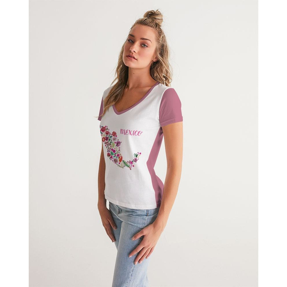 Embroidered "Mexico" Women's V-Neck Tee - Descendencia Latina