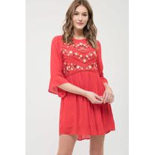 Red 3/4 Sleeve Embroidered Dress - Descendencia Latina
