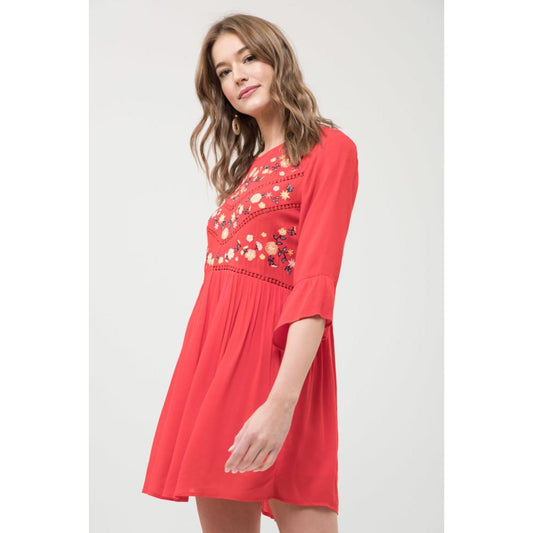 Red 3/4 Sleeve Embroidered Dress - Descendencia Latina