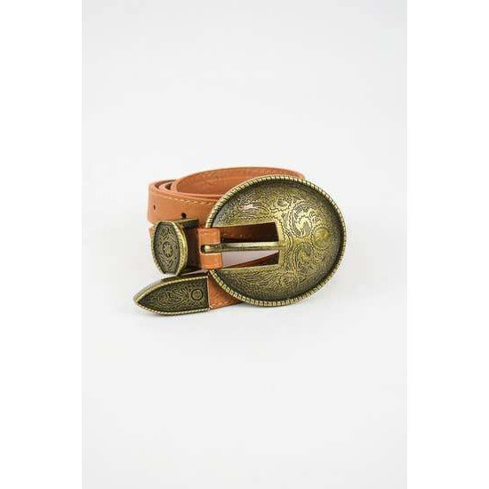 Oval Embossed Vintage Buckle Belt-Camel - Descendencia Latina