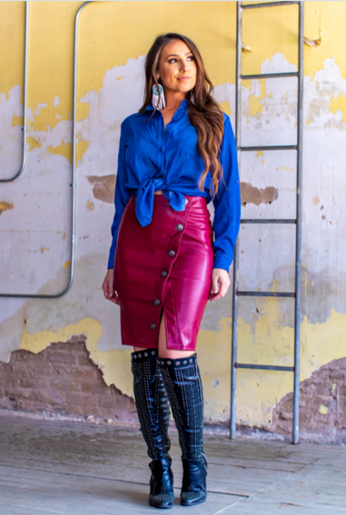 Wine Red Button Detail Leather Skirt