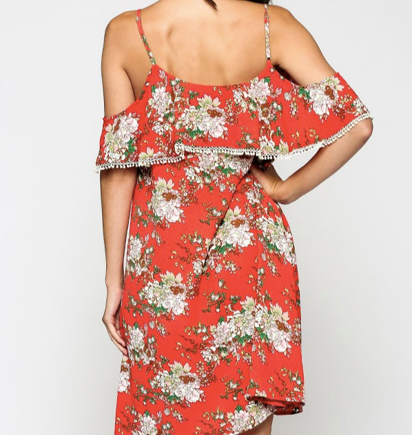 Orange Floral Off-shoulder Spring Dress