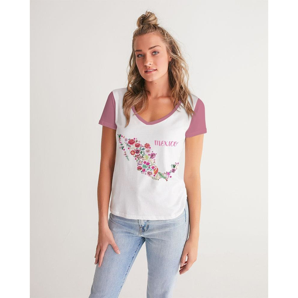 Embroidered "Mexico" Women's V-Neck Tee - Descendencia Latina