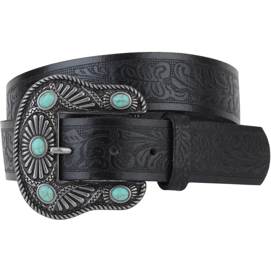 Tooled Belt with Turquoise Studded Buckle - Descendencia Latina