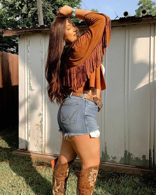 Tan Cowgirl Suede Jacket with Fringe